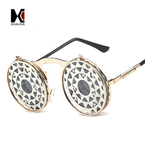 SHAUNA Fashion Men Round Punk Sunglasses Unique Women Steampunk Sunglasses Springs legs Flip Party Glasses