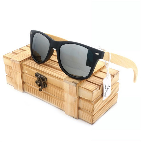 BOBO BIRD High Quality Vintage Black Square Sunglasses With Bamboo Legs Mirrored Polarized Summer Style Travel Eyewear Wood Box
