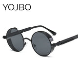 YOJBO Steampunk Sunglasses Mirror Coating Women Mens Summer Alloy Ladies Sun Glasses Round Eyewear Brand Designer Glasses