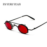 FS YURI YUAN Retro Red Lens Steampunk Sunglasses Men Small Size Metal Frame Oval Glasses Double Lens Removable Punk Sun Glasses