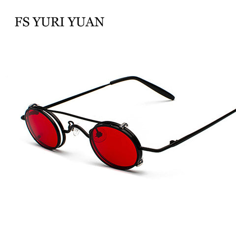 FS YURI YUAN Retro Red Lens Steampunk Sunglasses Men Small Size Metal Frame Oval Glasses Double Lens Removable Punk Sun Glasses